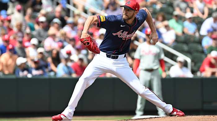 Atlanta Braves left-hander Chris Sale pitches against the Philadelphia Phillies during a spring training game in North Port, Fla., on March 3, 2024.